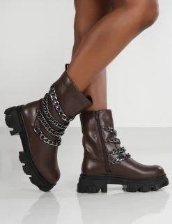 Restrain Chocolate Pu Chain Detail Platform Chunky Sole Ankle Boot -Chic Footwear Shop restrain0018