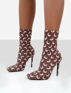 Saturn Return Brown Pointed Toe Stiletto Printed Sock Boots -Chic Footwear Shop saturnbrowndetail