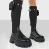 Showing Up Black PU Platform Chunky Sole Pocket Detail Knee High Boots -Chic Footwear Shop showingupblackfront