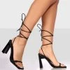 Cleo Black Pu Square Toe Strappy Lace Up Block Heels
